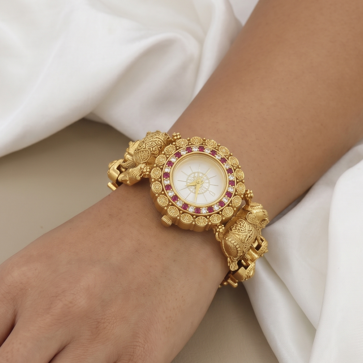 Traditional Gold-Plated Elephant Motif Stone-Studded Watch Bracelet