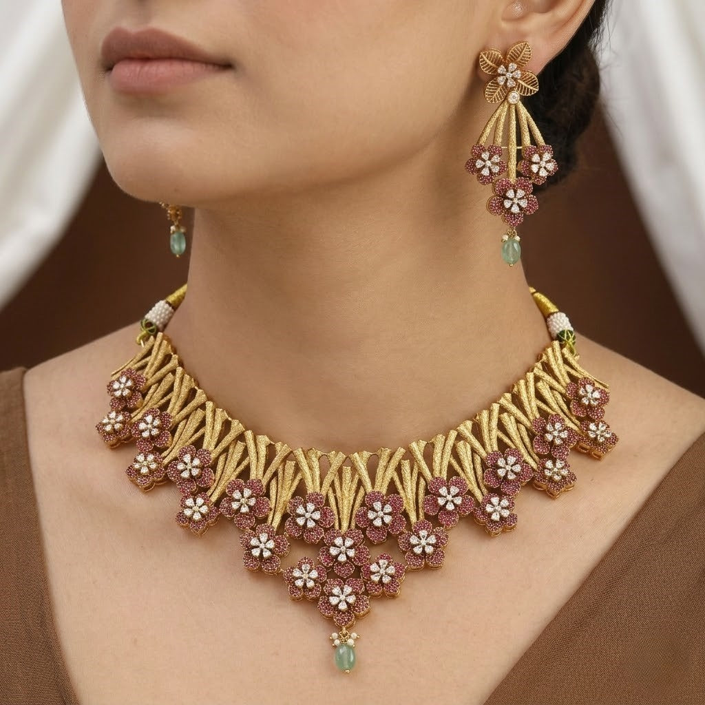 Floral Gold-Plated Choker Necklace & Earring Set