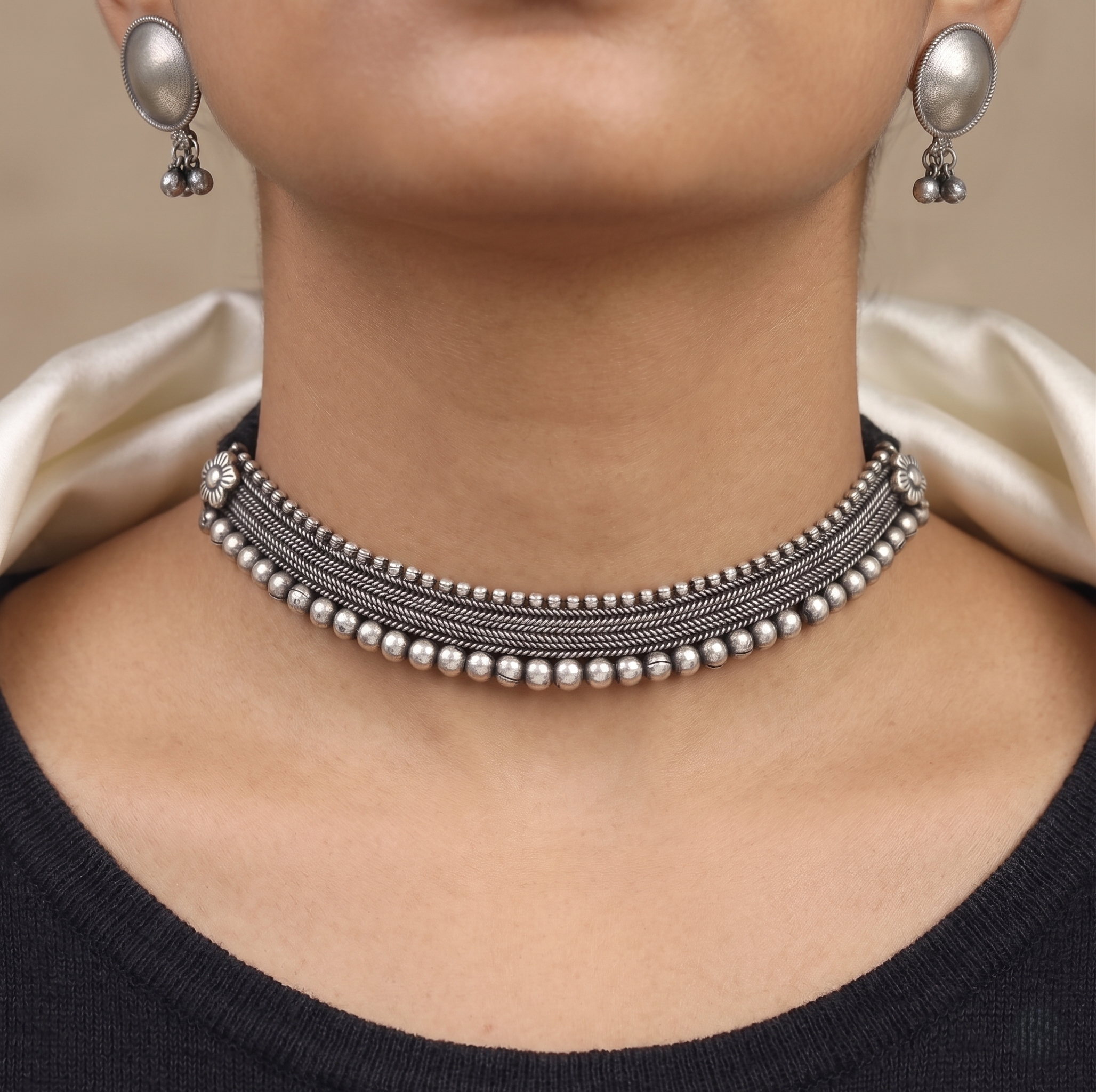 Oxidized Silver Choker Necklace Set with Ghungroo Studs