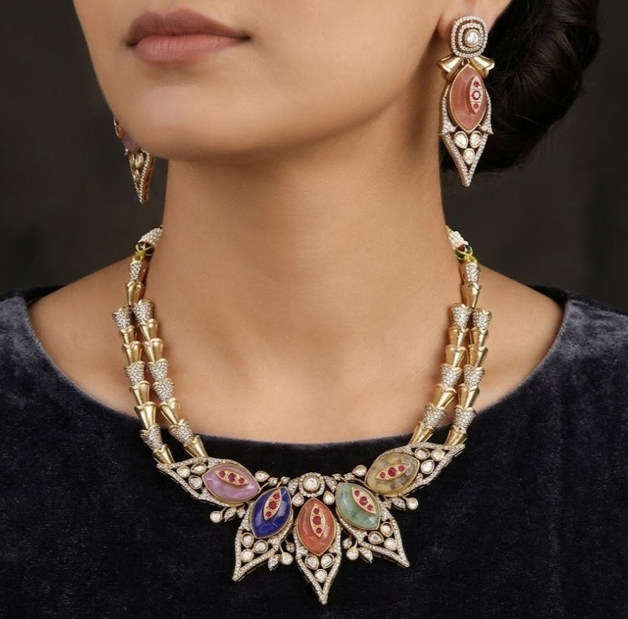 Multicolor Polki and Cabochon Gemstone Necklace Set