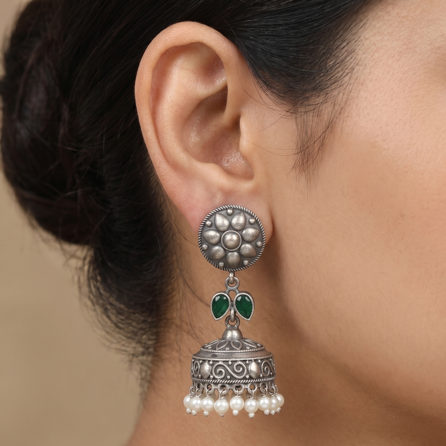 Antique Oxidized Silver Floral Jhumka Earrings with Green Stone