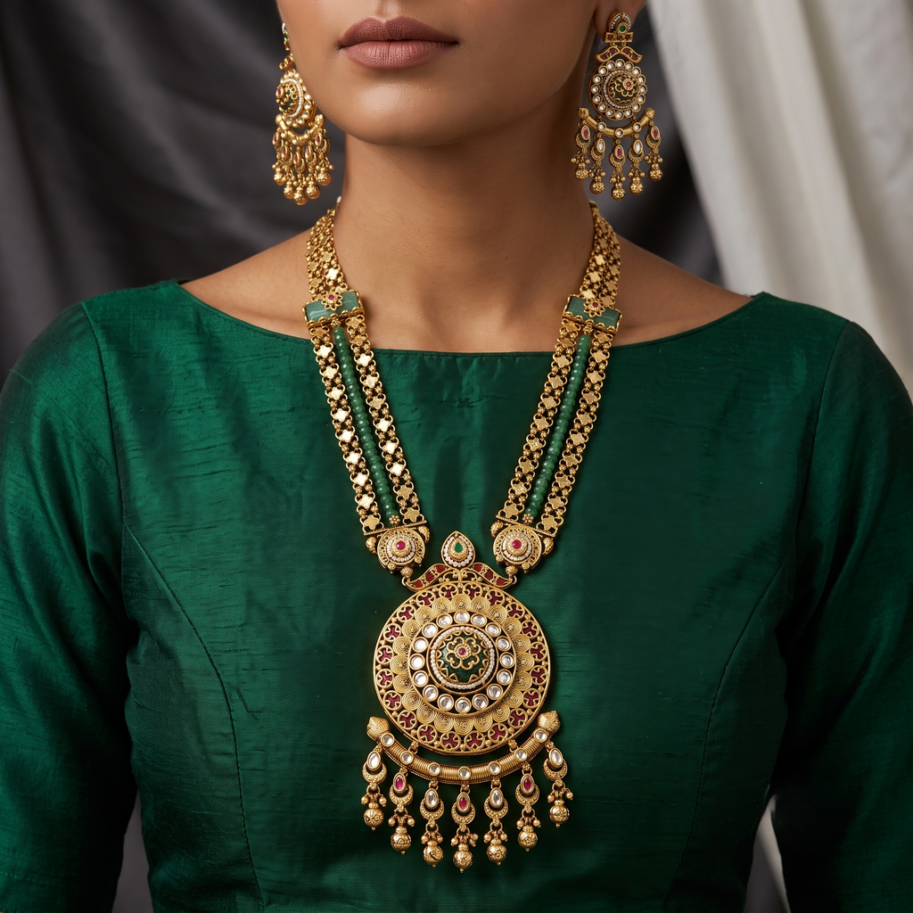 Traditional Gold-Plated Long Necklace Set with Large Pendant and Dangler Earrings
