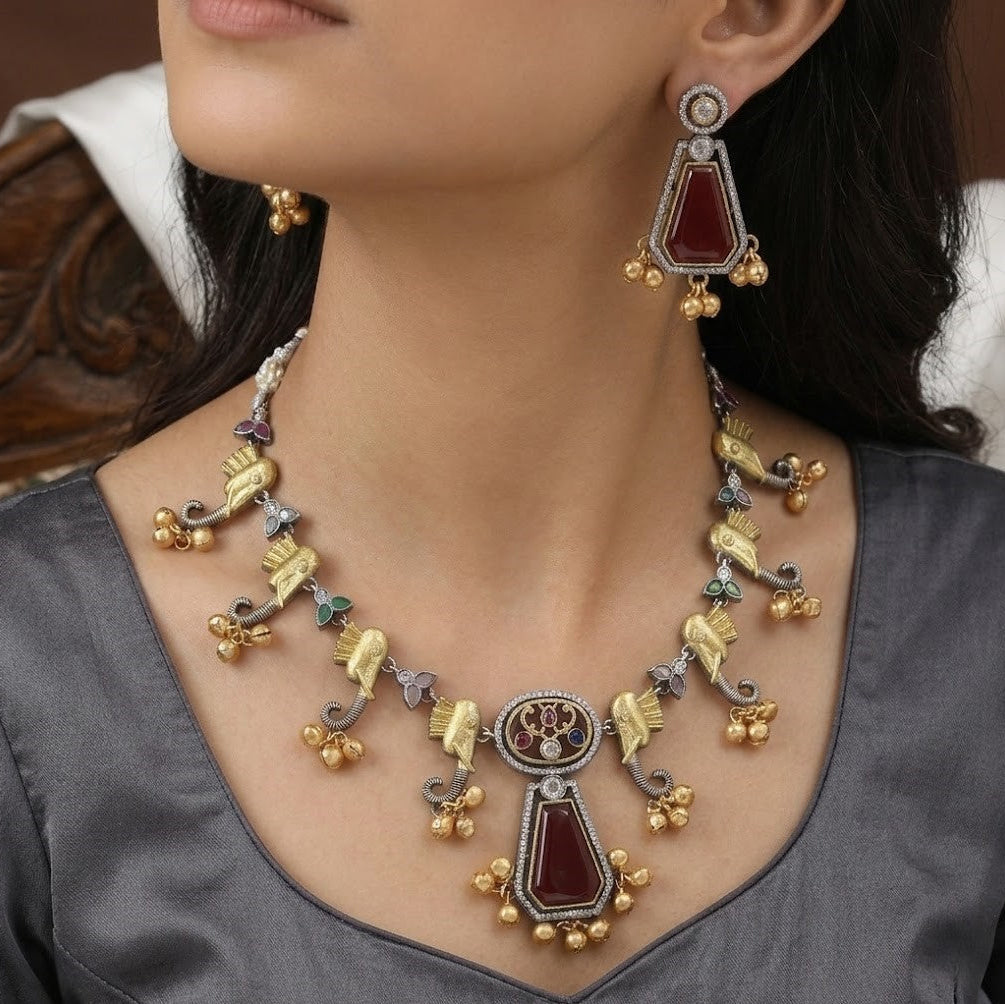 Artisanal Elephant Motif Dual-Tone Necklace Set
