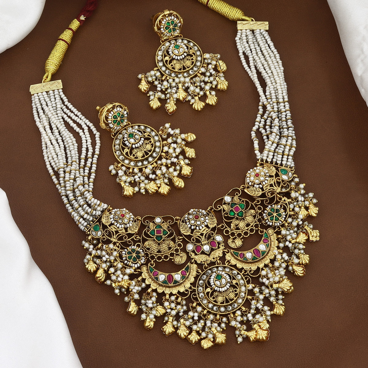 Traditional Gold-Plated Pearl Multi-Strand Wedding Necklace Set