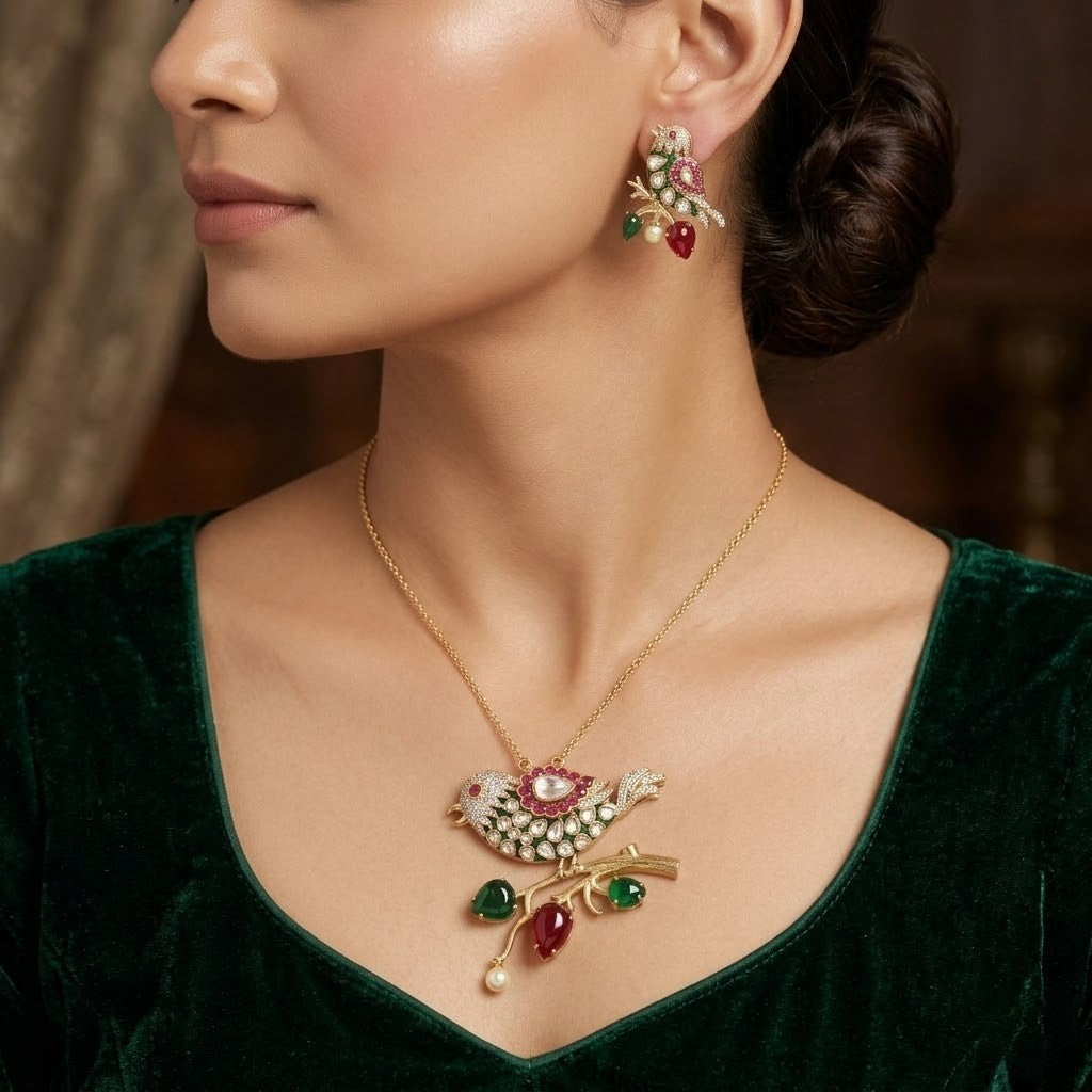 Nature-Inspired Meenakari Bird Pendant & Earring Set