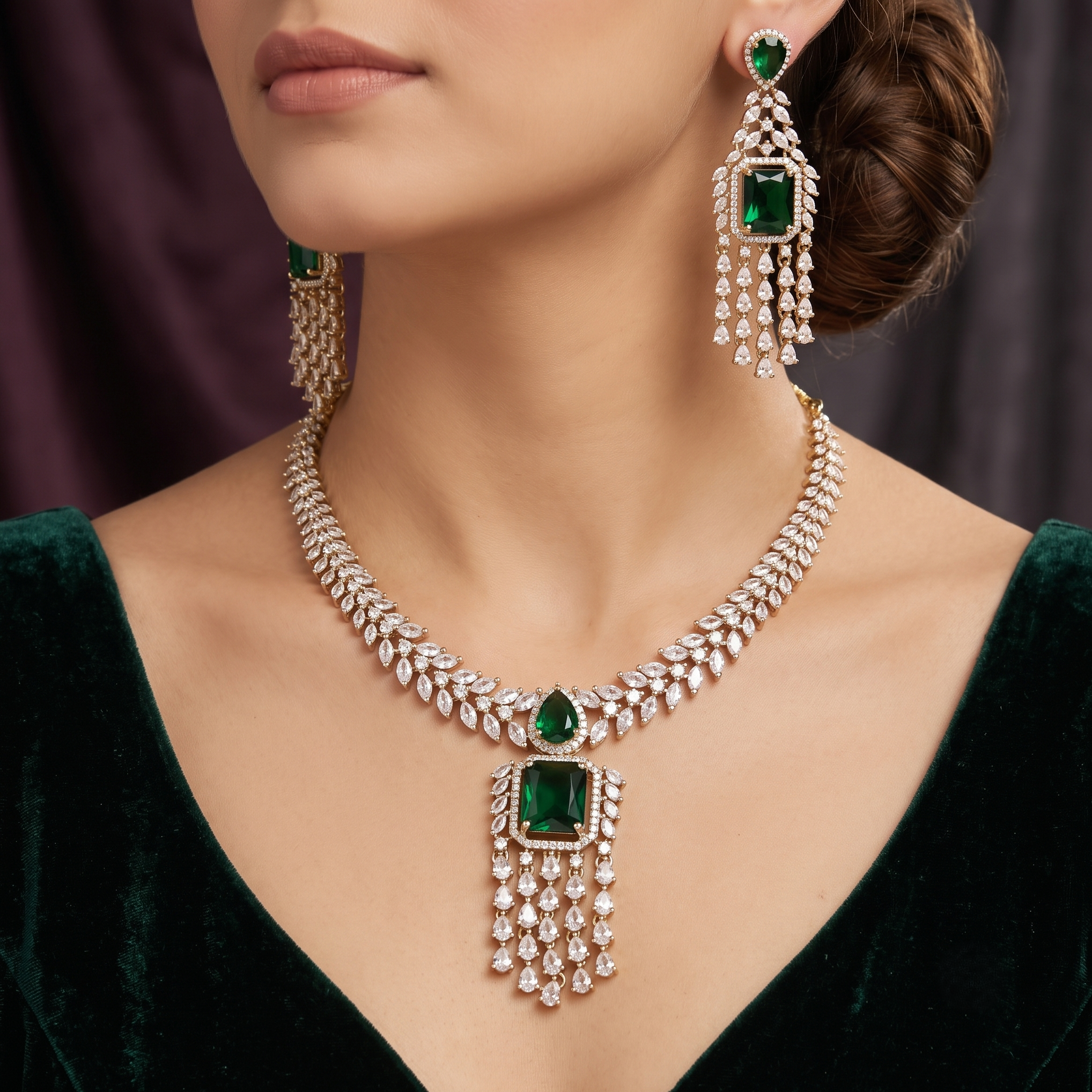 Mehndi Polished American Diamond Necklace Set with Earrings
