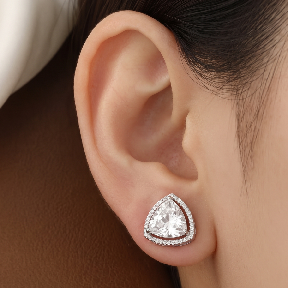 Silver Trillion Cut Solitaire Halo Stud Earrings