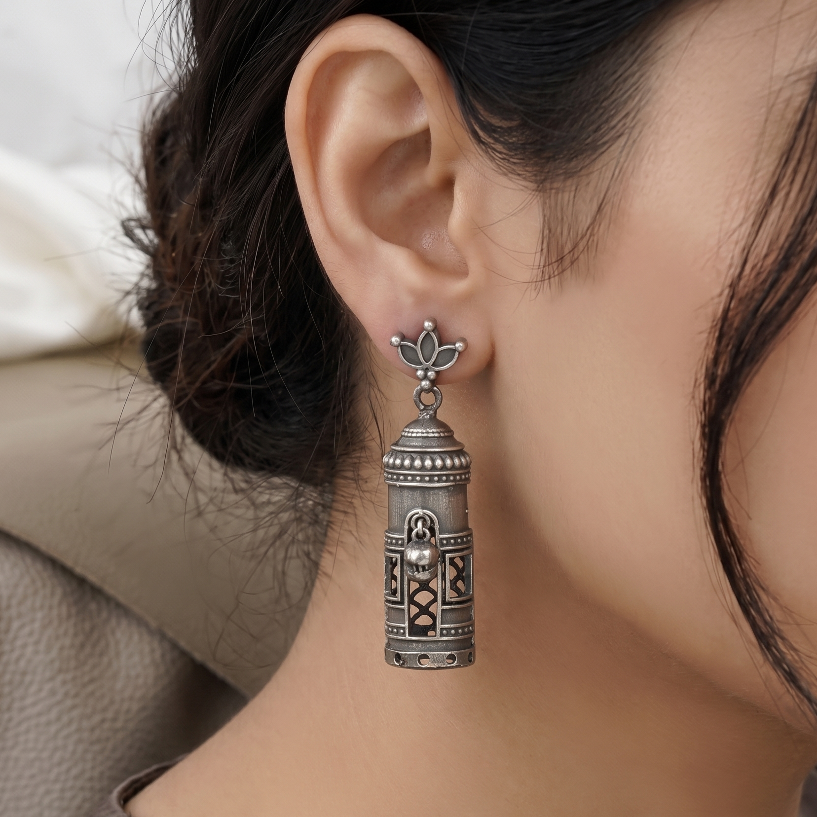Antique Oxidised Silver Cylindrical Jhumka Earrings