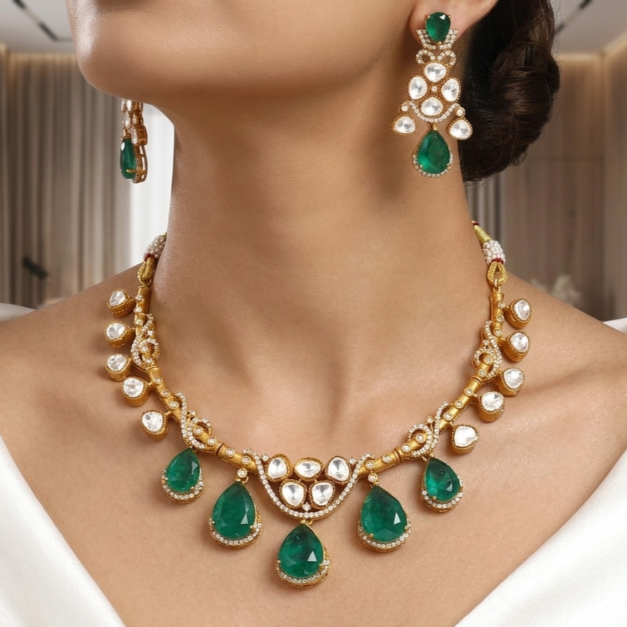 Majestic Indian Heritage Gold Kundan Polki Necklace Set