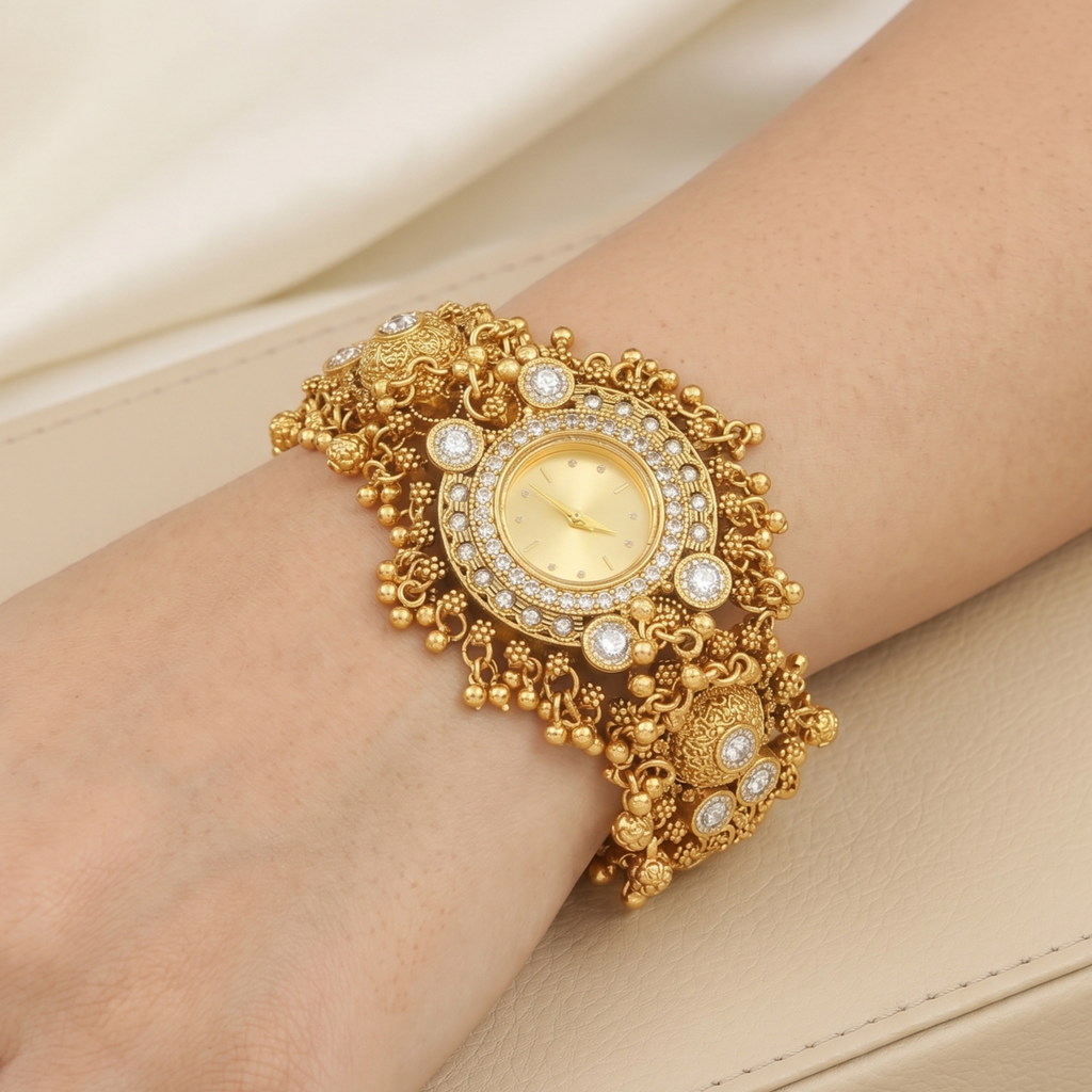 Antique Gold Plated Kundan Polki Bracelet Watch