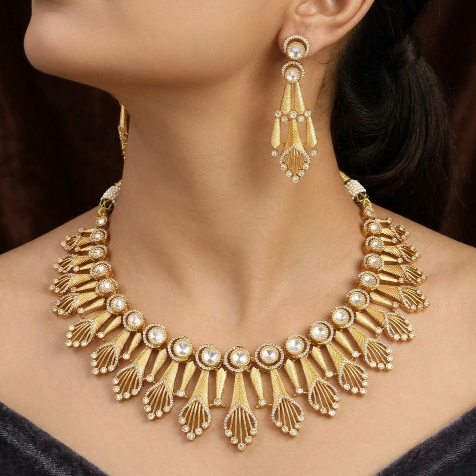 Antique Matte Gold Polki Necklace Set with Textured Motifs