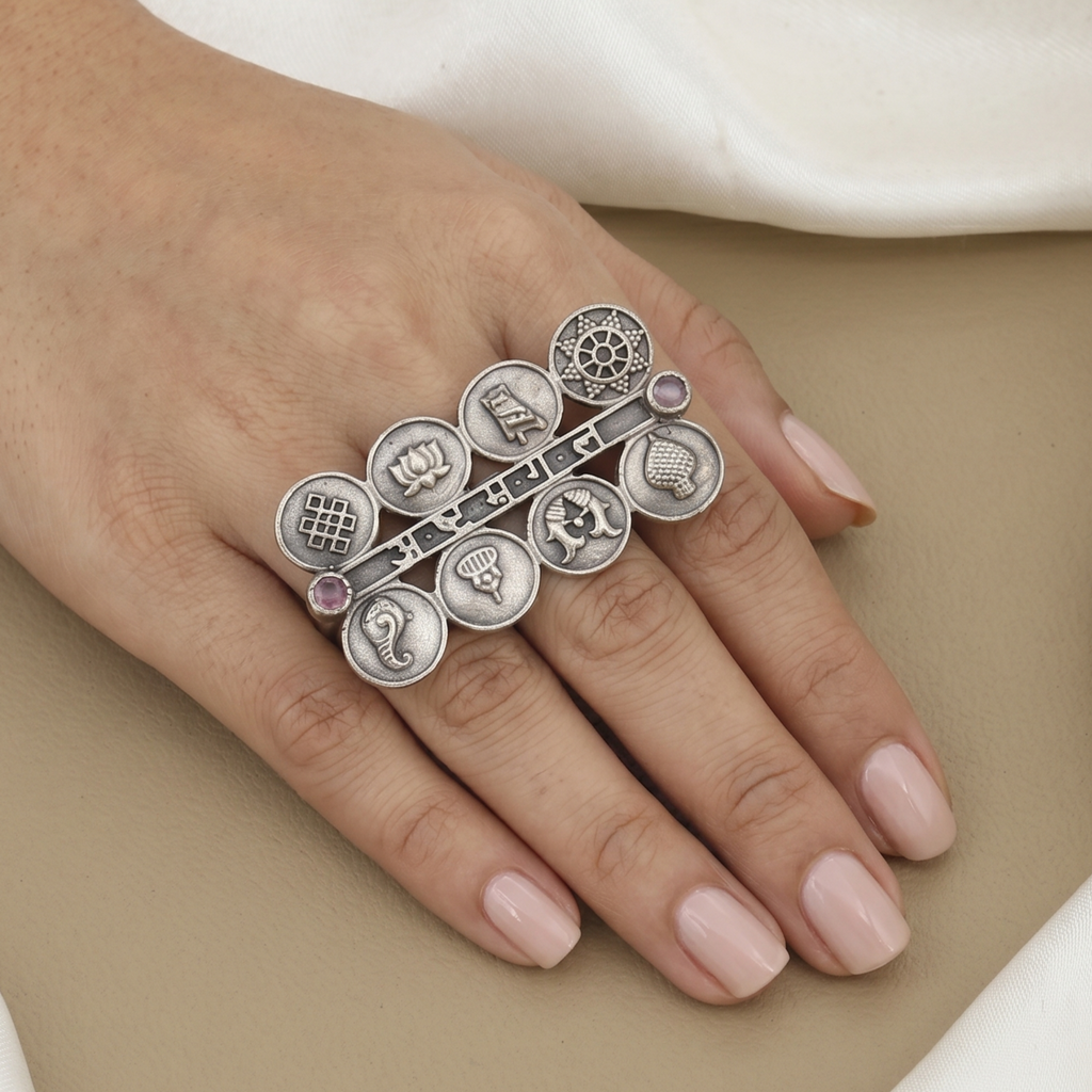 Oxidised Silver Symbolic Cocktail Ring for Women