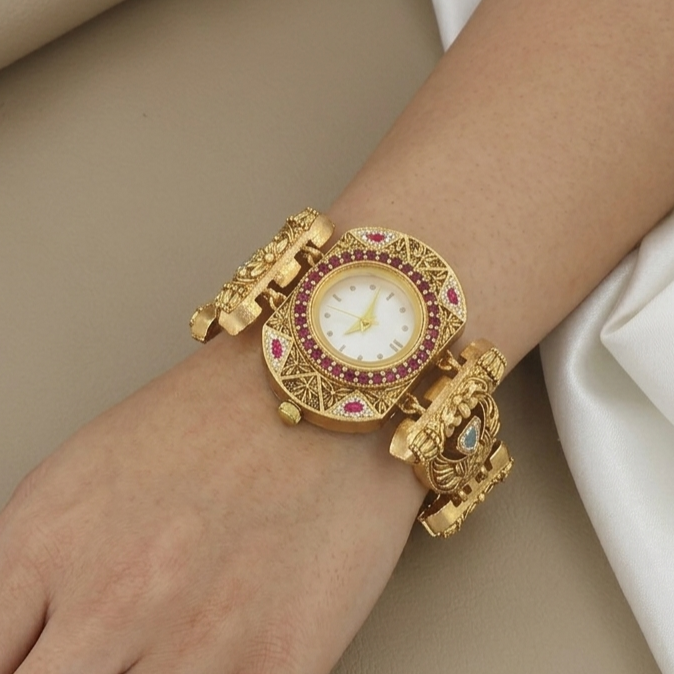 Traditional Gold-Plated Ruby & Turquoise Stone Watch Bracelet