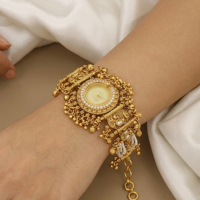 Traditional Gold-Plated Pearl & Stone Watch Bracelet