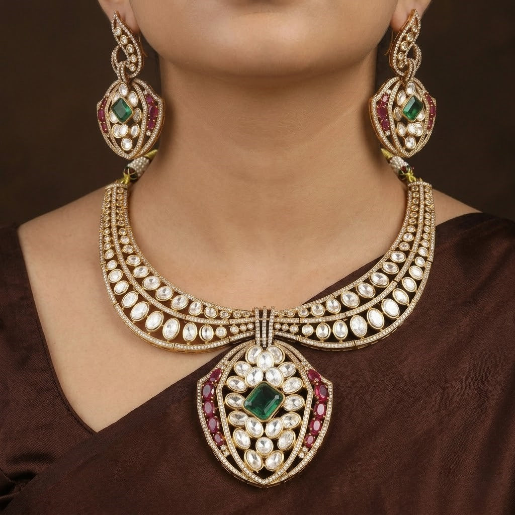 Royal Polki Pendant Necklace Set with Emerald & Ruby