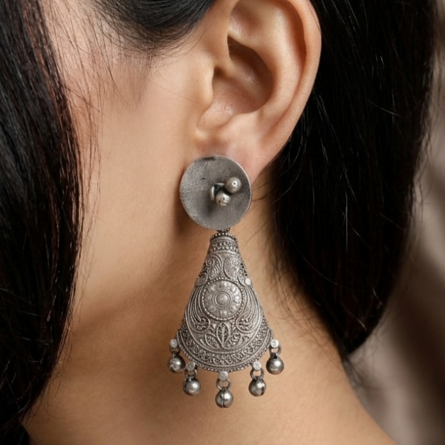 Antique Oxidised Silver Conical Jhumka Earrings