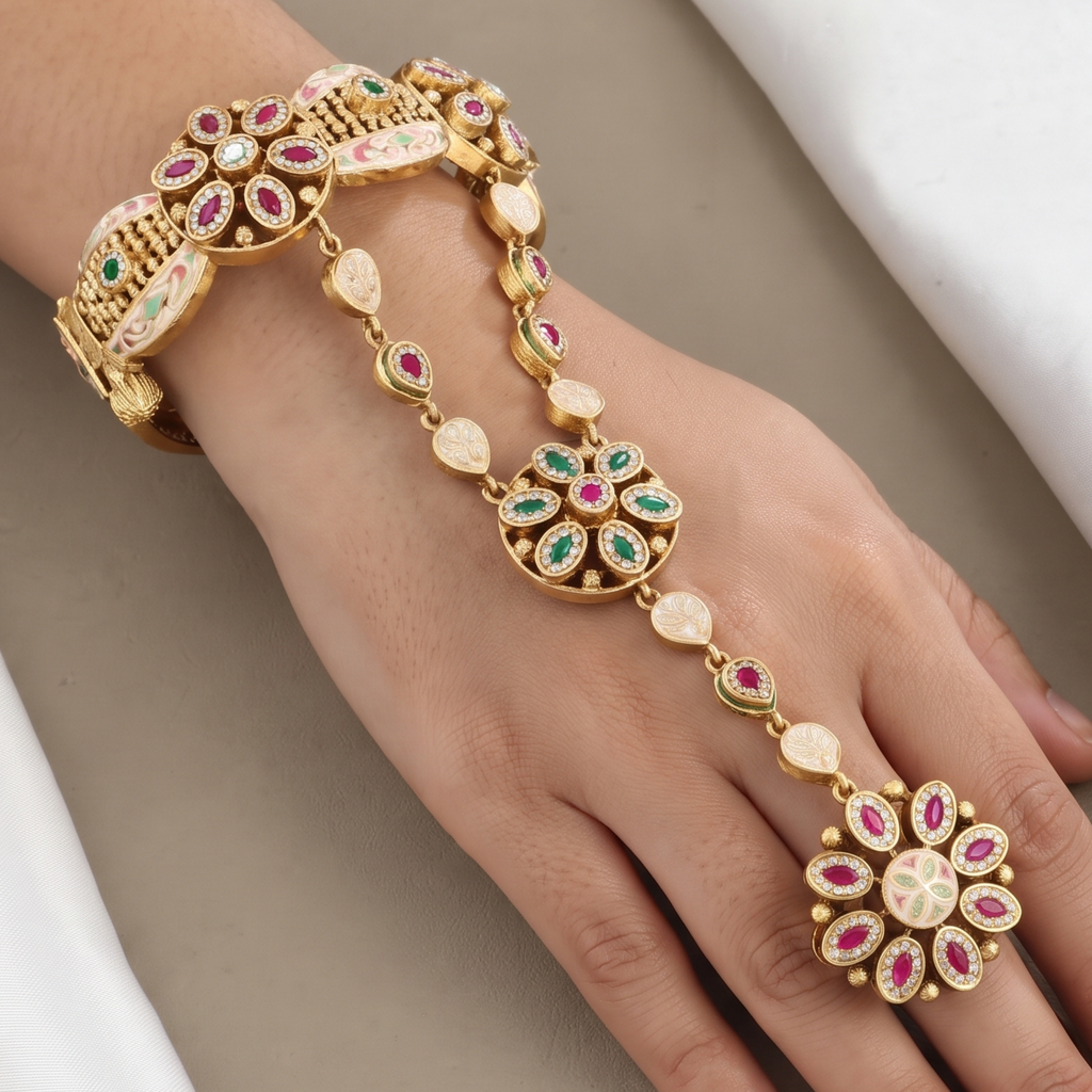 Meenakari Gemstone Hathphool & Antique Bracelet Set