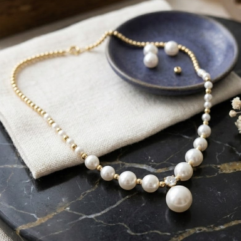 Pearl & Gold Beaded Necklace with Crystal Drop Pendant