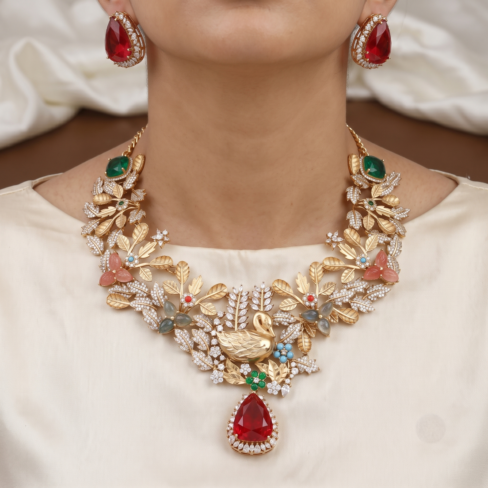Exquisite Gold Swan Motif Statement Necklace & Earring Set