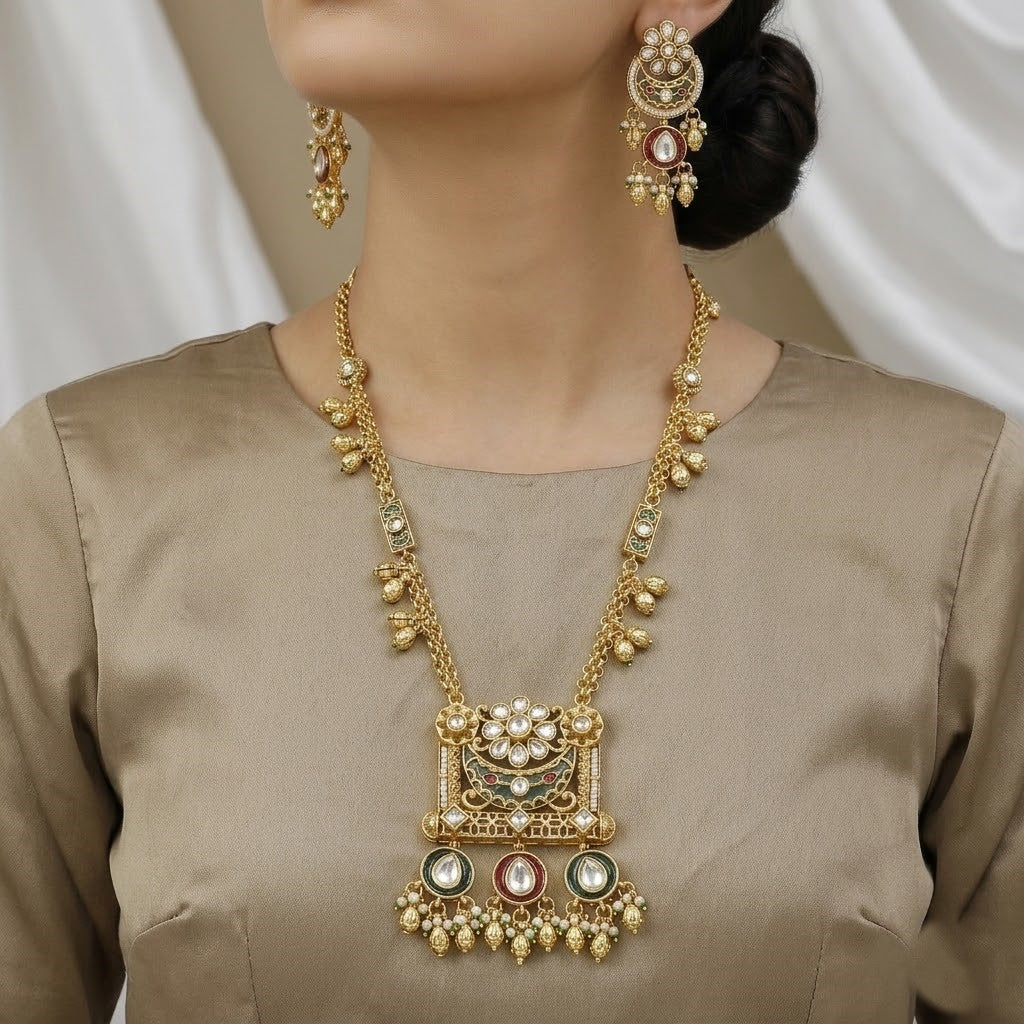 Ethnic Gold-Plated Meenakari & Pearl Jhumki Necklace Set