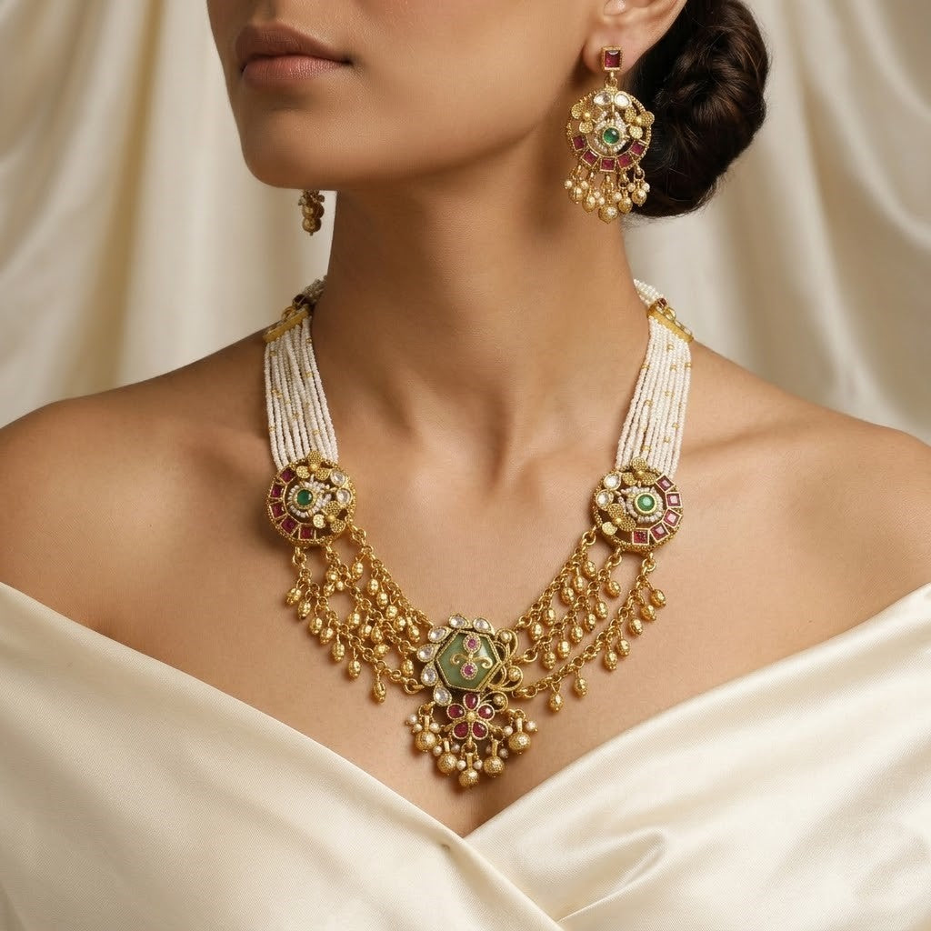 Elegant Necklace Set with Multi-String Pearls, Kemp Stones, and Matching Earrings