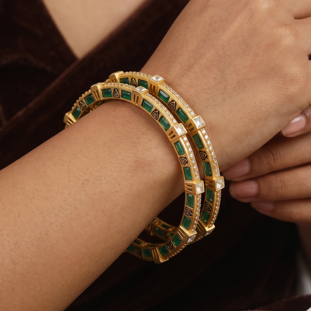 Set of 2 Traditional Green Emerald Stone Gold-Plated Patla Bangles Set