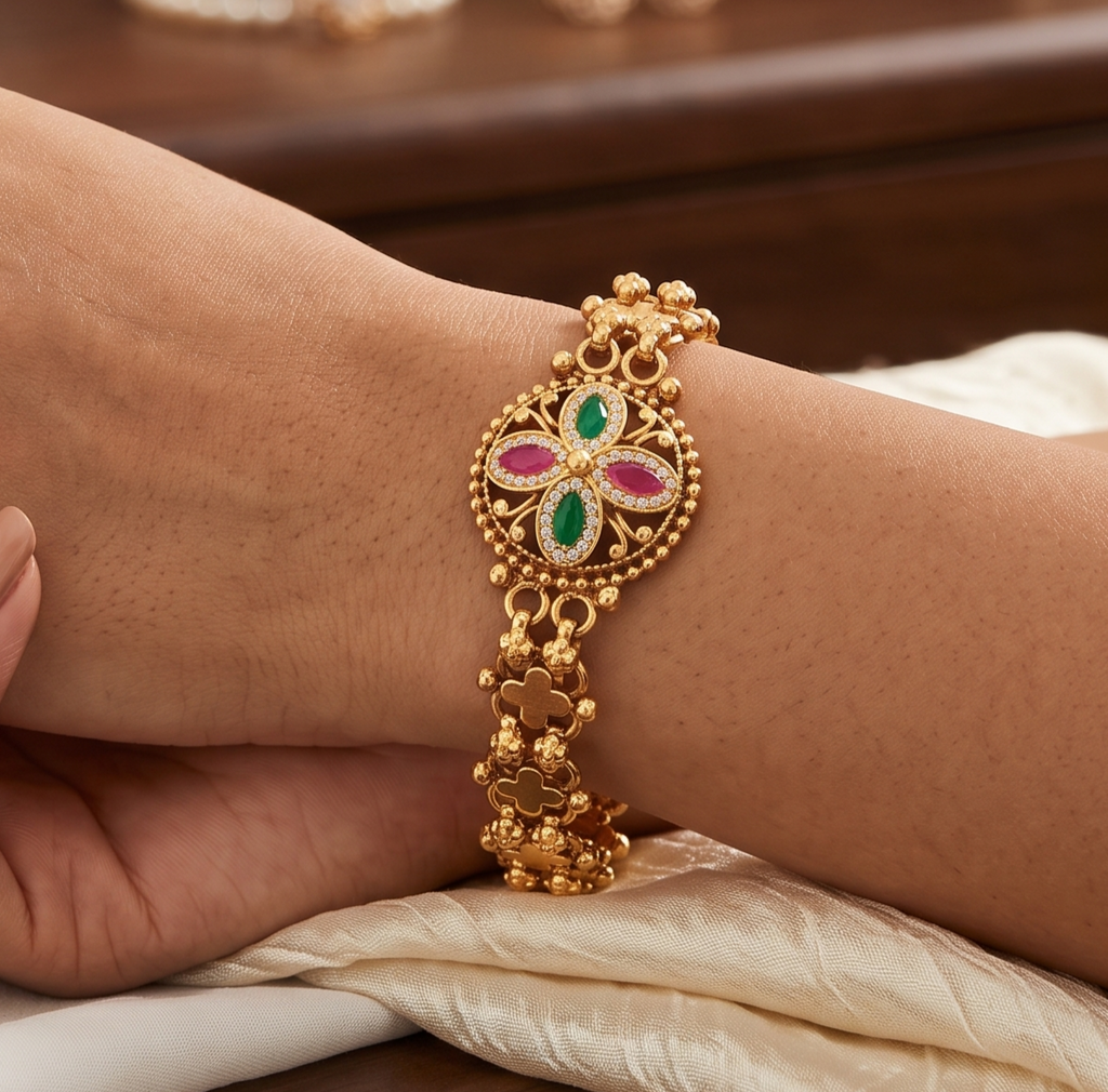 Antique Gold Floral Ruby & Emerald Bracelet