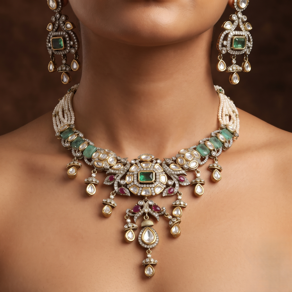 Multi-Strand Pearl, Polki & Emerald Necklace Set
