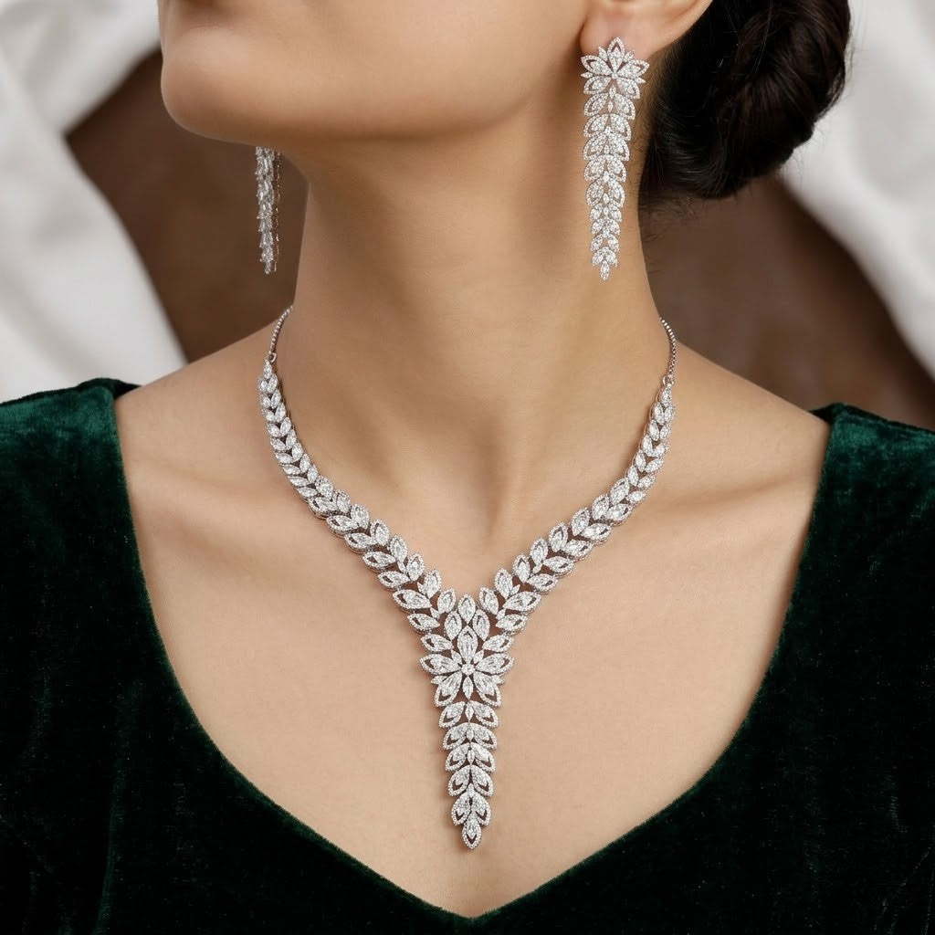 Floral  Botanical Leaf American Diamond Necklace Set