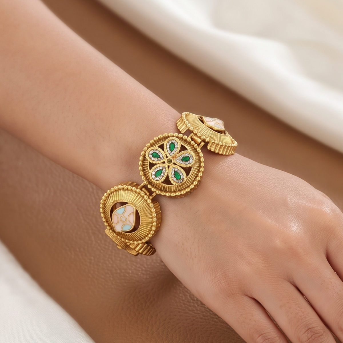 Gold-Plated Floral Meenakari & Stone Statement Bracelet