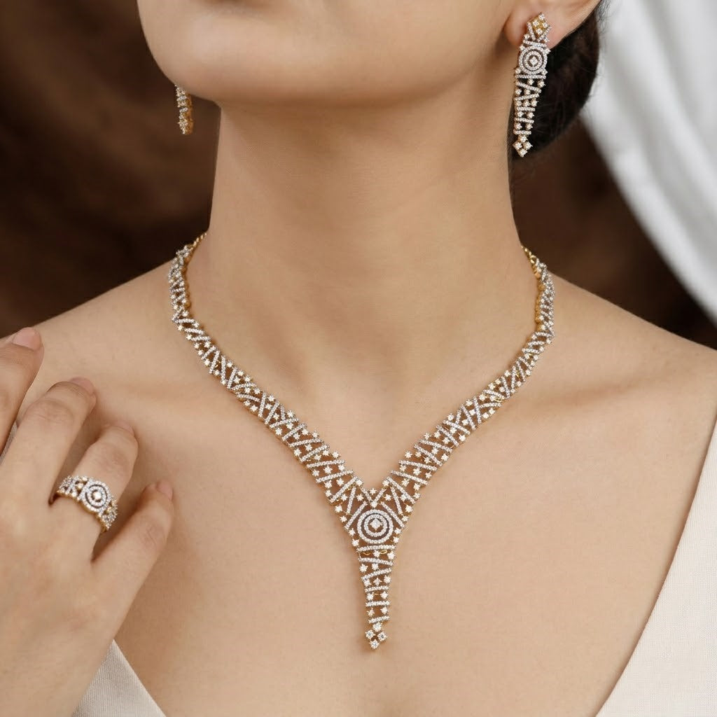 Gold-Toned Geometric American Diamond Necklace Set