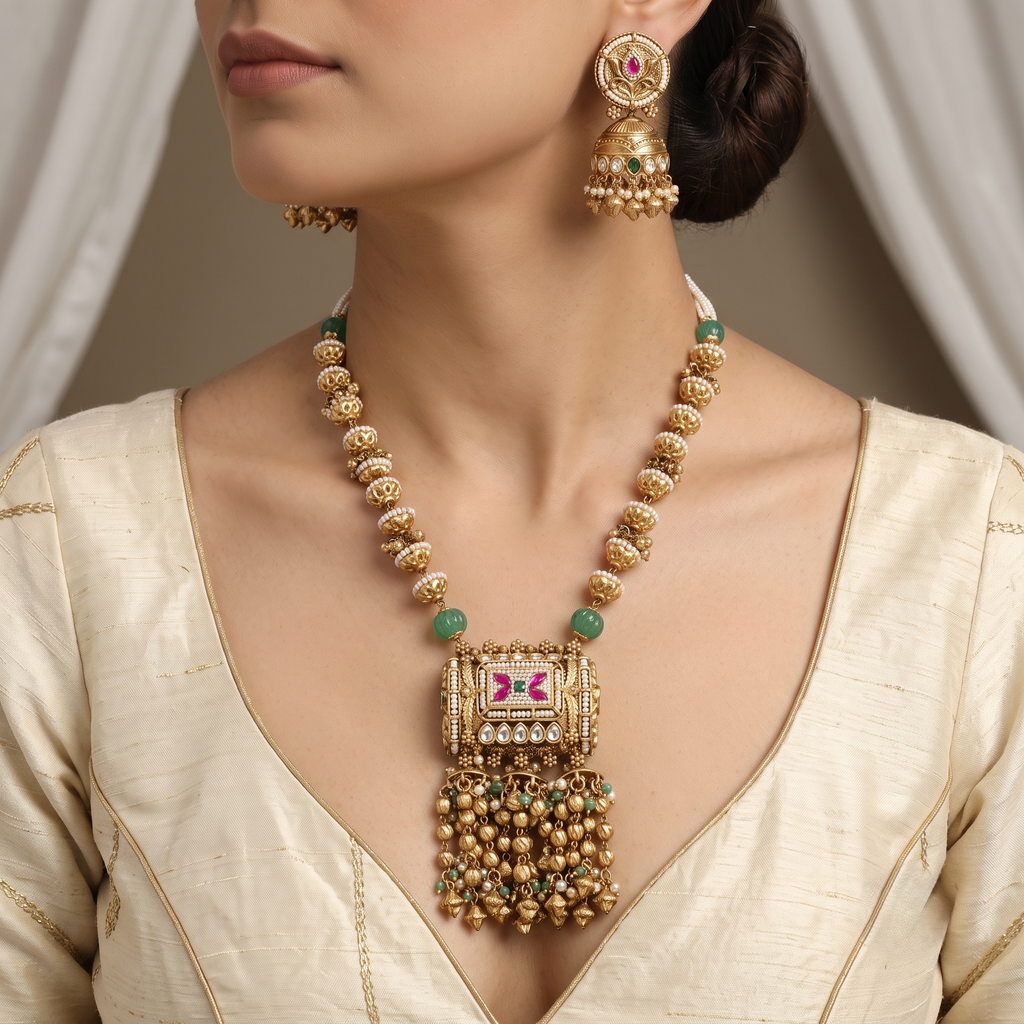 Traditional Gold & Pearl Kundan Necklace and Jhumka Set with Ruby Accents