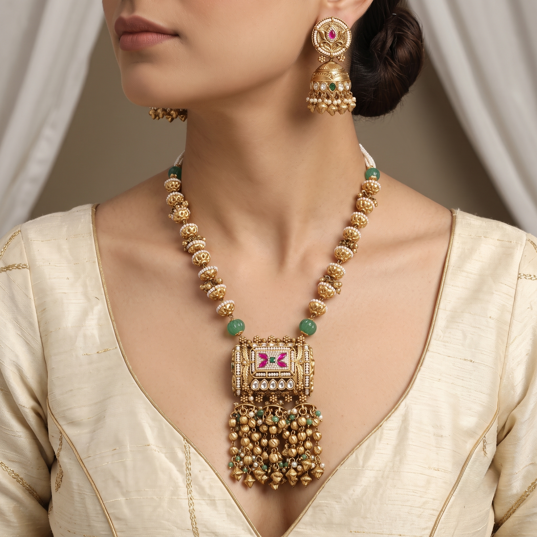 Traditional Gold & Pearl Kundan Necklace and Jhumka Set with Ruby Accents