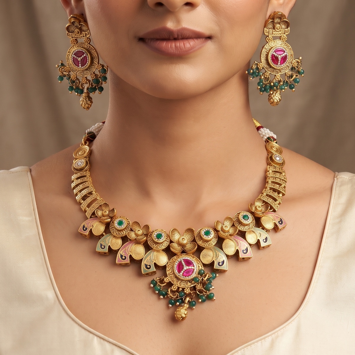Traditional Gold-Plated Enamel Peacock & Floral Choker Set