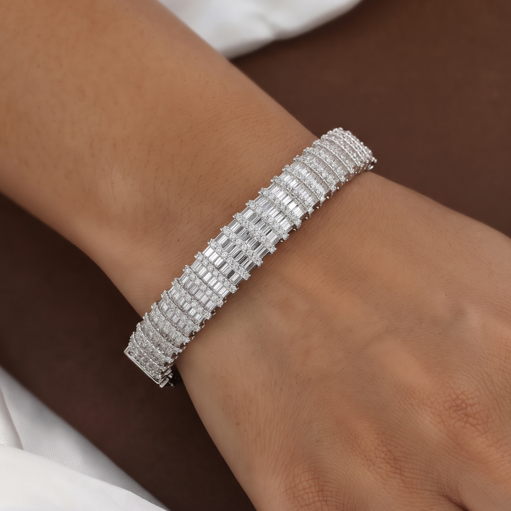 Layered Baguette Diamond Silver Finish Bangle Bracelet