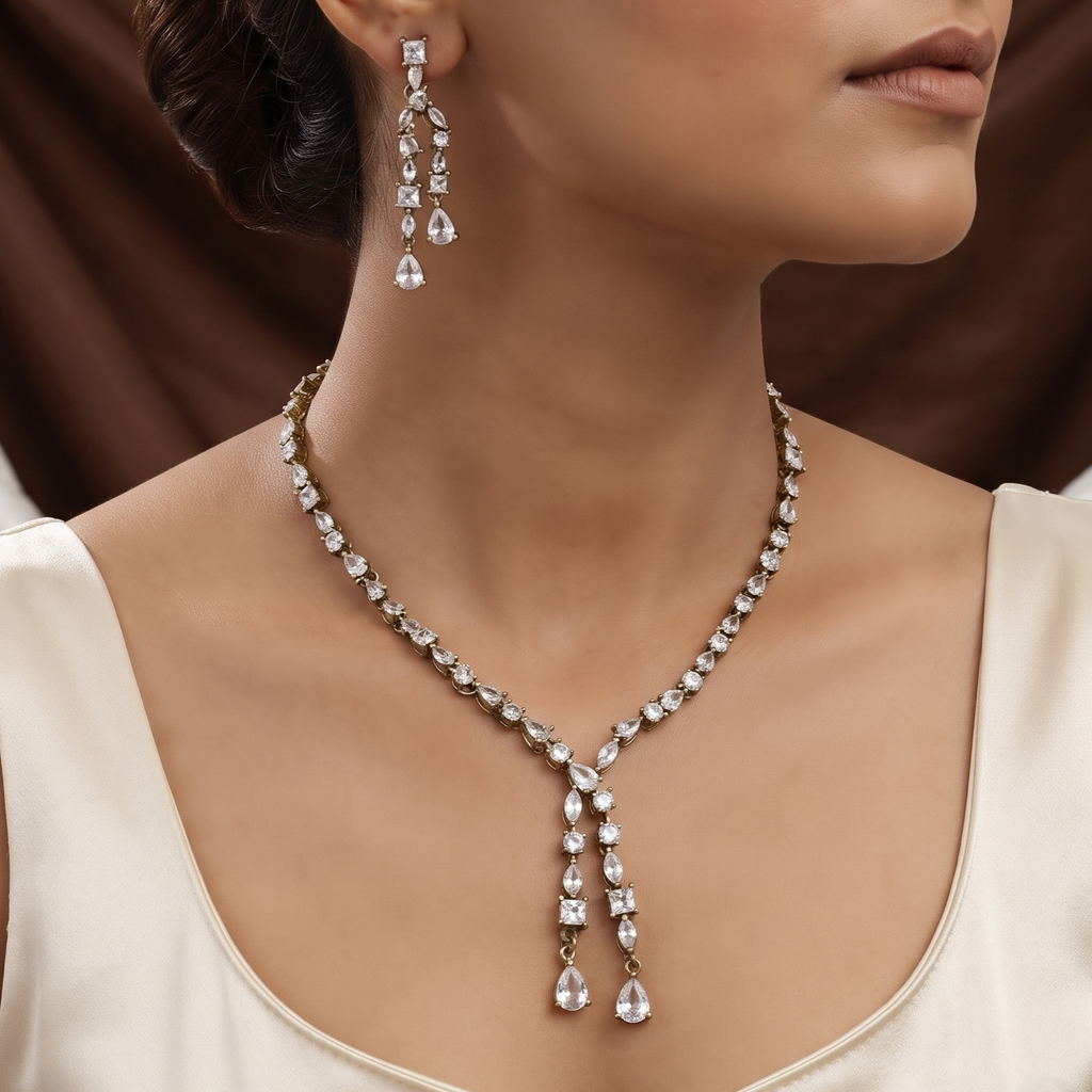 Mehndi Polished Dainty CZ Drop Necklace & Earring Set