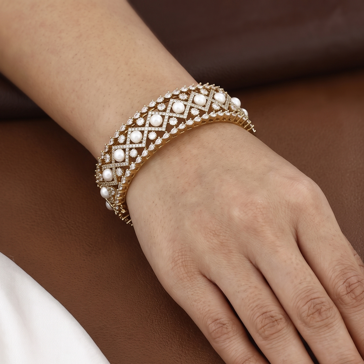 Lattice Pearl & Stone-Embellished Mehndi Finish Bangle Bracelet
