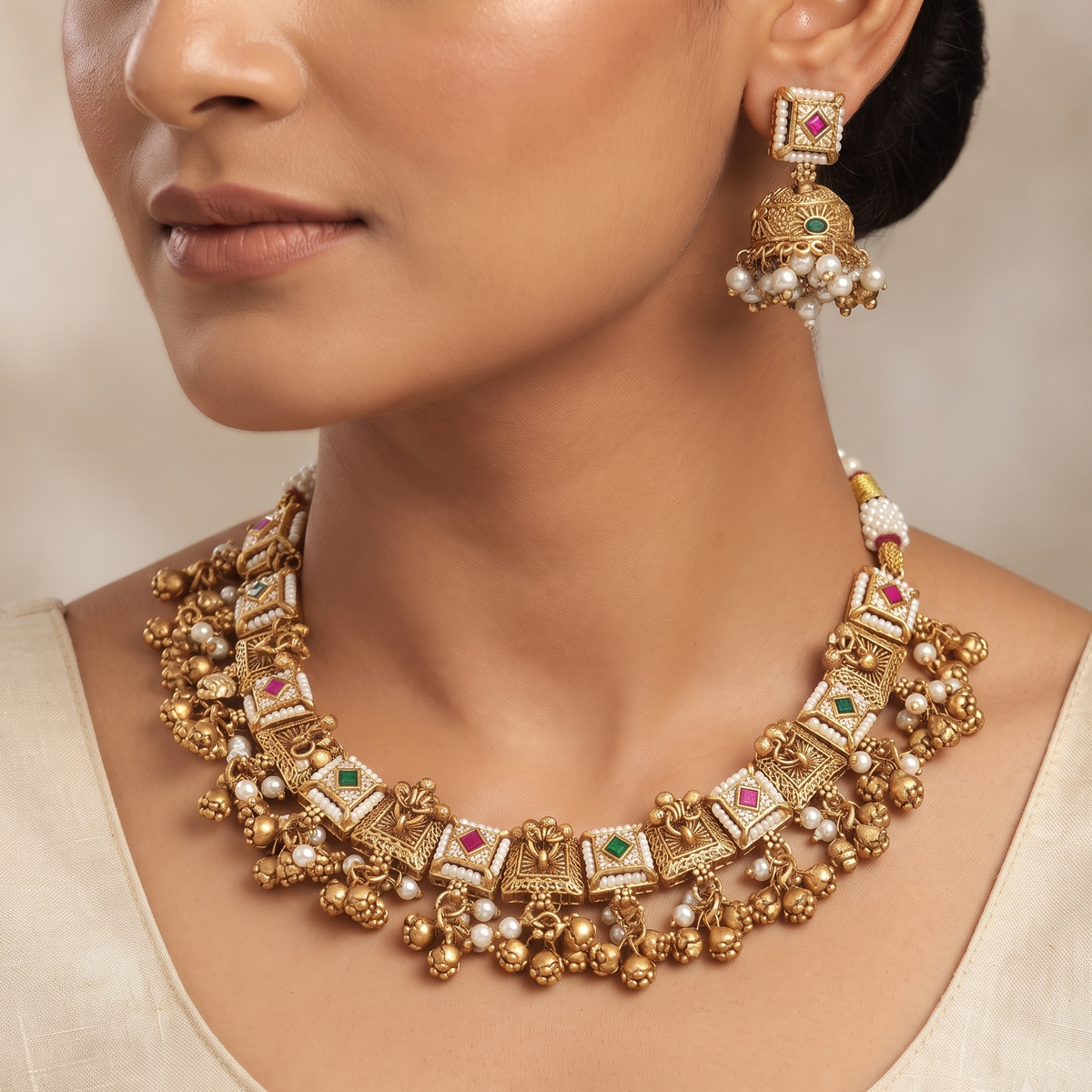 Traditional Gold-Plated Square Stone Choker Necklace Set