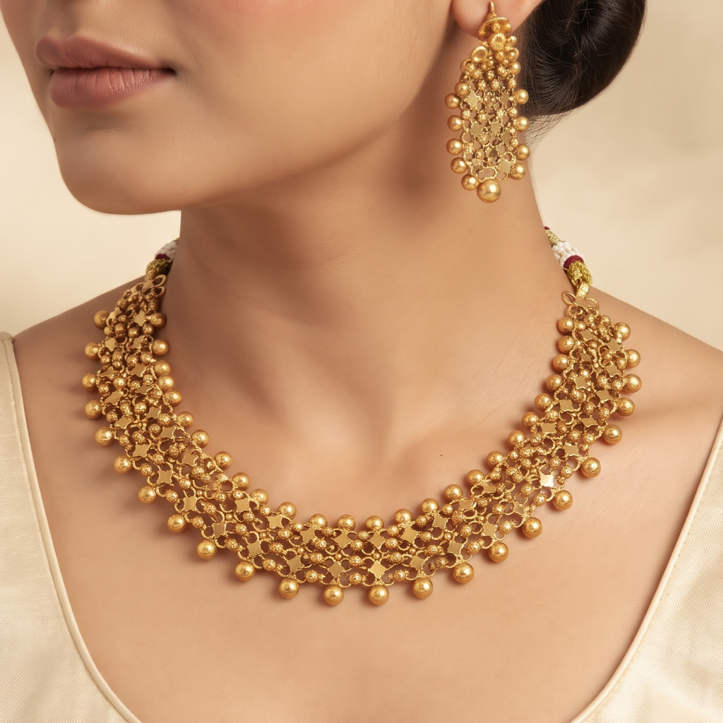Traditional Gold-Plated Intricate Cluster Choker Necklace Set