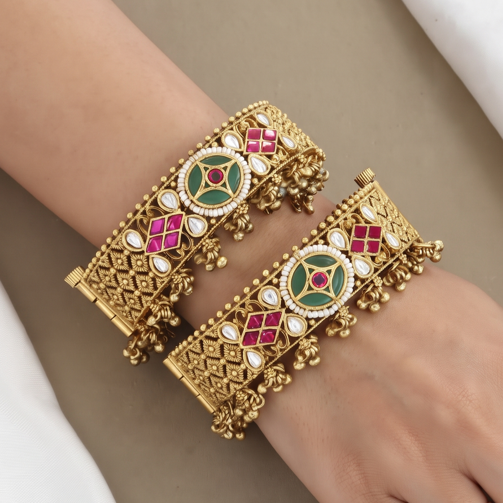 Mint Green, Ruby & Gold Heritage Bangles Patla Set