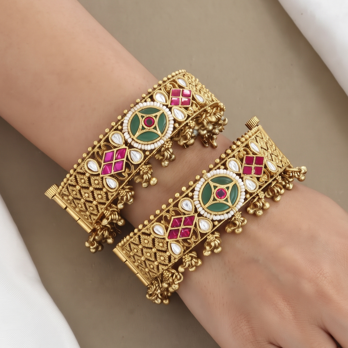 Mint Green, Ruby & Gold Heritage Bangles Patla Set