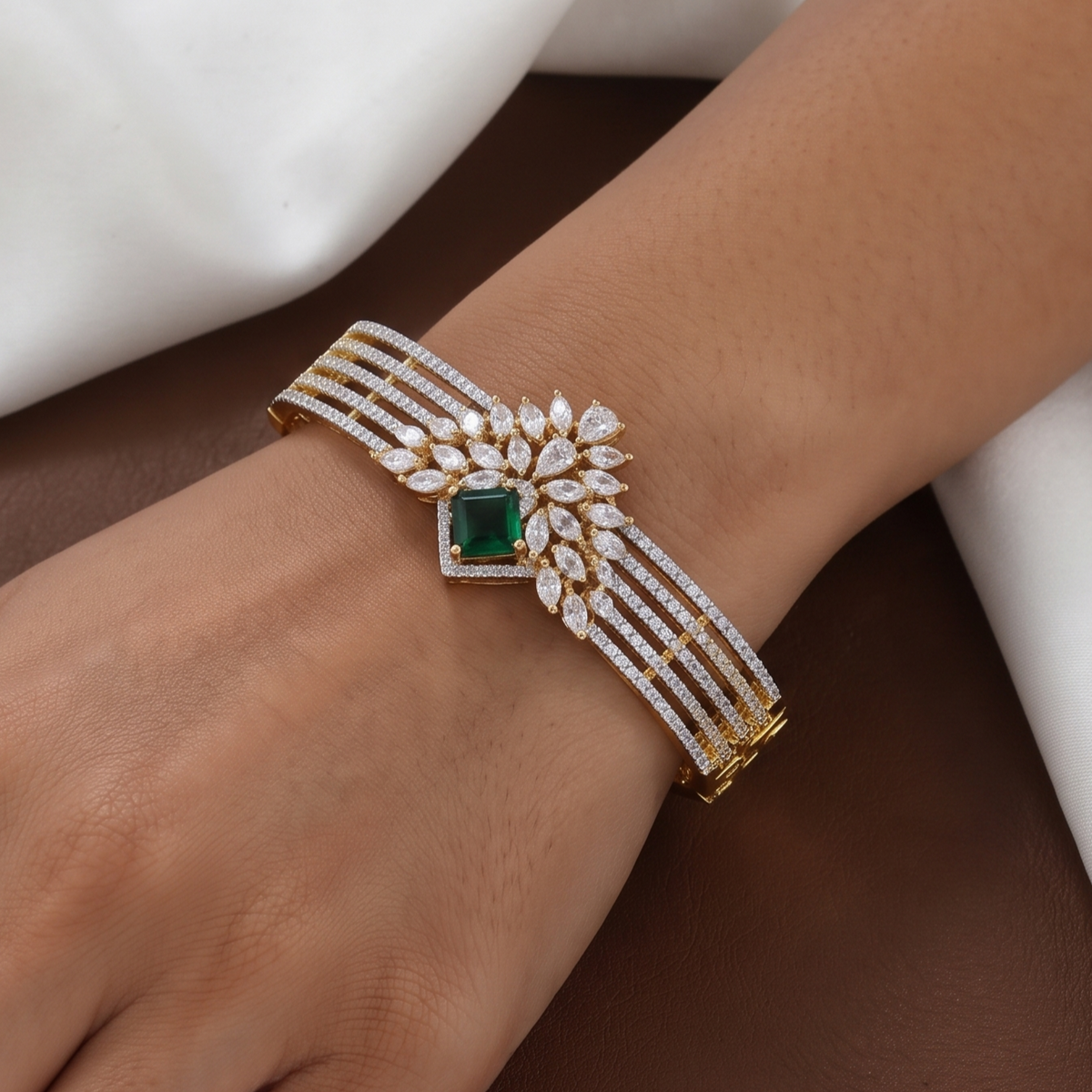 Gold Polished Royal Sapphire & Stone Gold Bangle Bracelet