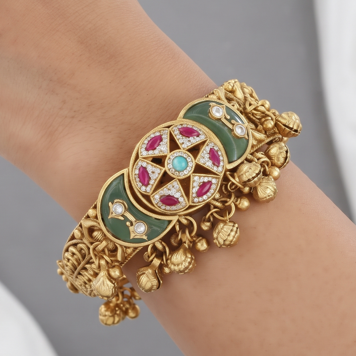 Antique Gold Kada Bracelet with Green Meenakari & Ghungroo Drops