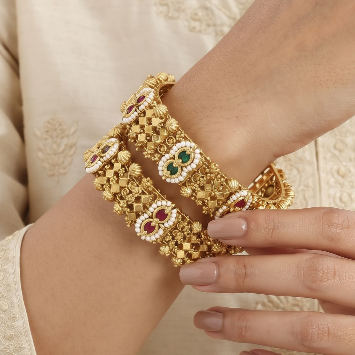 Traditional Stone & Bead Gold Bangles Patla Set
