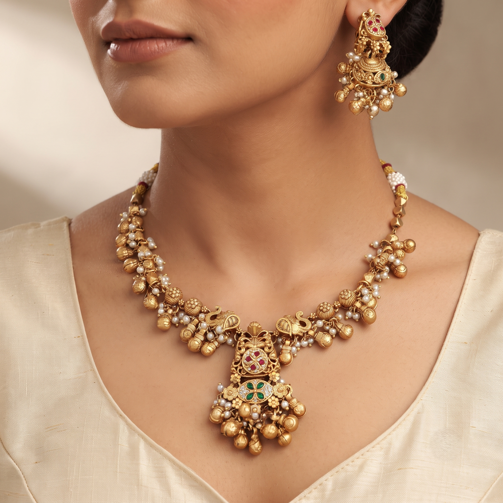 Traditional Gold-Plated Temple Pendant Necklace Set