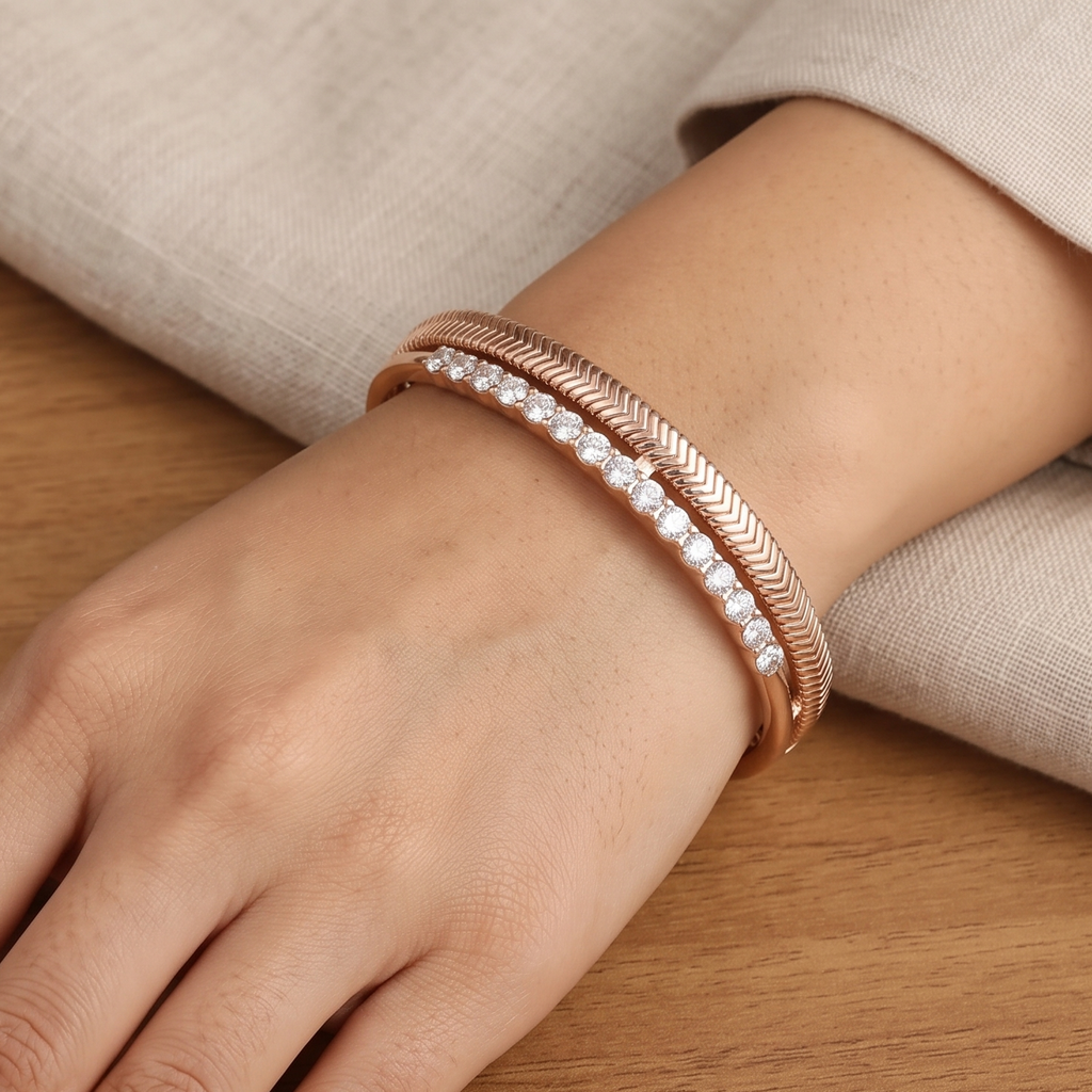 Rose Gold Dual-Band Chevron & Solitaire CZ Cuff Bracelet