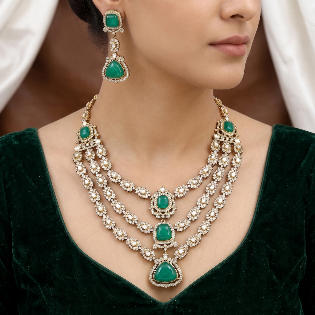 Emerald  Multi-Layered Kundan Necklace & Earrings Set