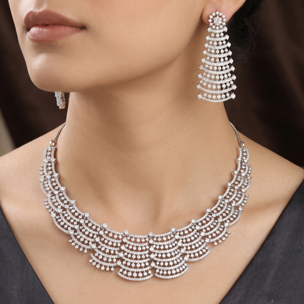 Elegant Silver American Diamond Necklace Set with Earrings