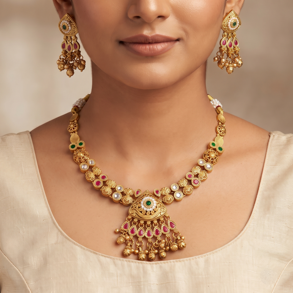 Traditional Gold-Plated Station & Pendant Necklace Set