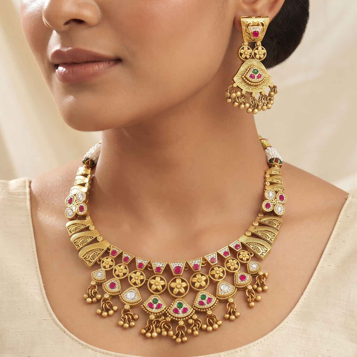 Traditional Gold-Plated Ruby Stone Layered Choker Necklace Set